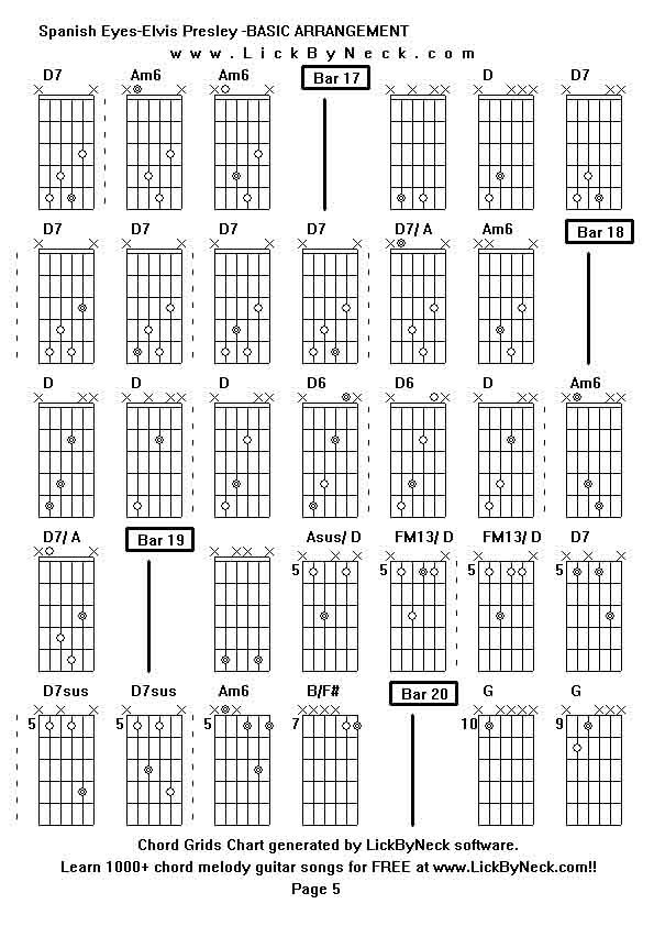 Chord Grids Chart of chord melody fingerstyle guitar song-Spanish Eyes-Elvis Presley -BASIC ARRANGEMENT,generated by LickByNeck software.